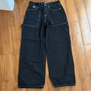 Ragged Black Wide-Leg Carpenter Jeans with Contrast Stitching Women